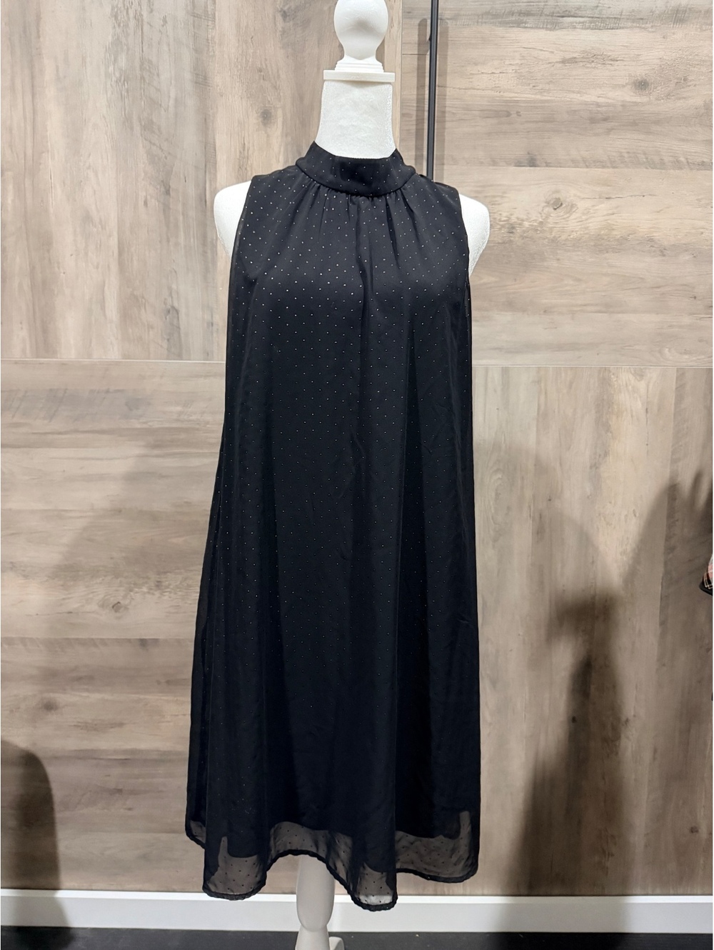 Tommy Hilfiger Black Swiss Dot Chiffon Trapeze Swing Dress Mock Neck Size 6